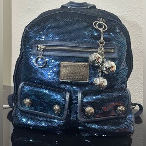 Coach Poppy Sequin Spotlight Y2K Midnight Blue Backpack with Disco Ball Charm